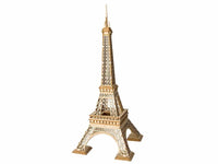 Wooden 3D Eiffel Tower model kit, tan laser-cut pieces and arched base