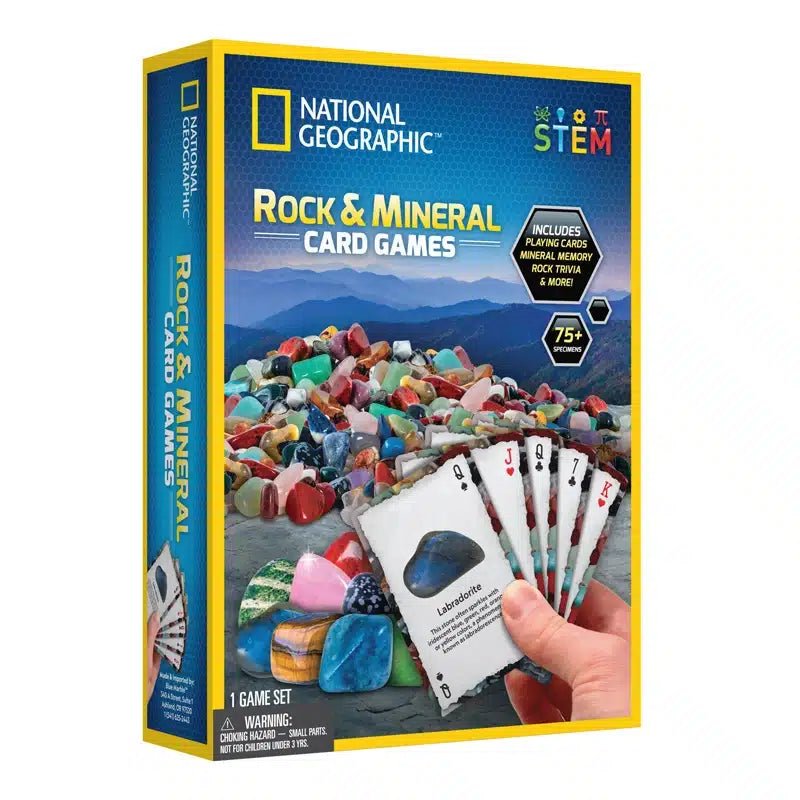 National Geographic Rock & Mineral card game box with playing cards and gemstone pieces
