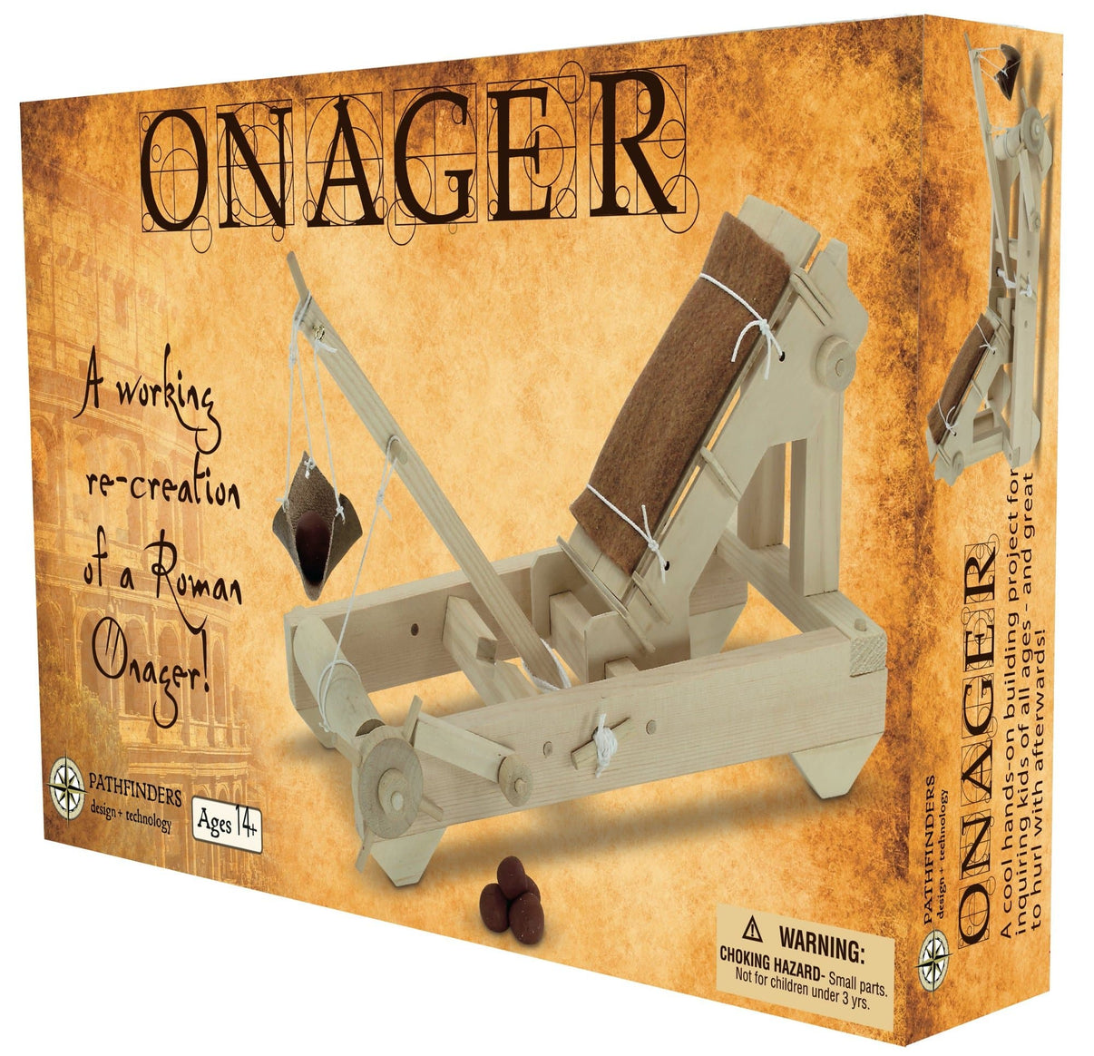 Roman Onager wooden kit box with catapult graphic and warning label