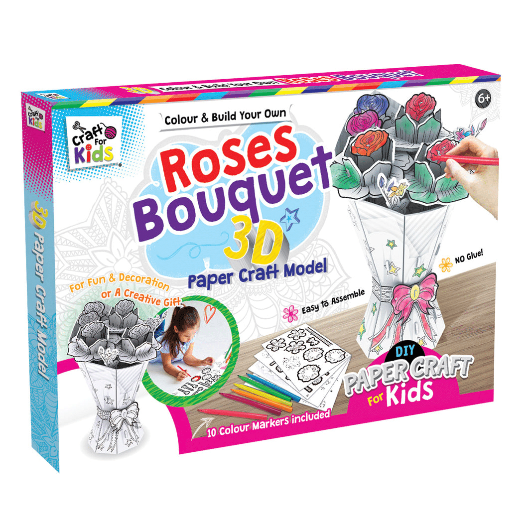 Roses Bouquet 3D paper craft model kit with included markers and instructions
