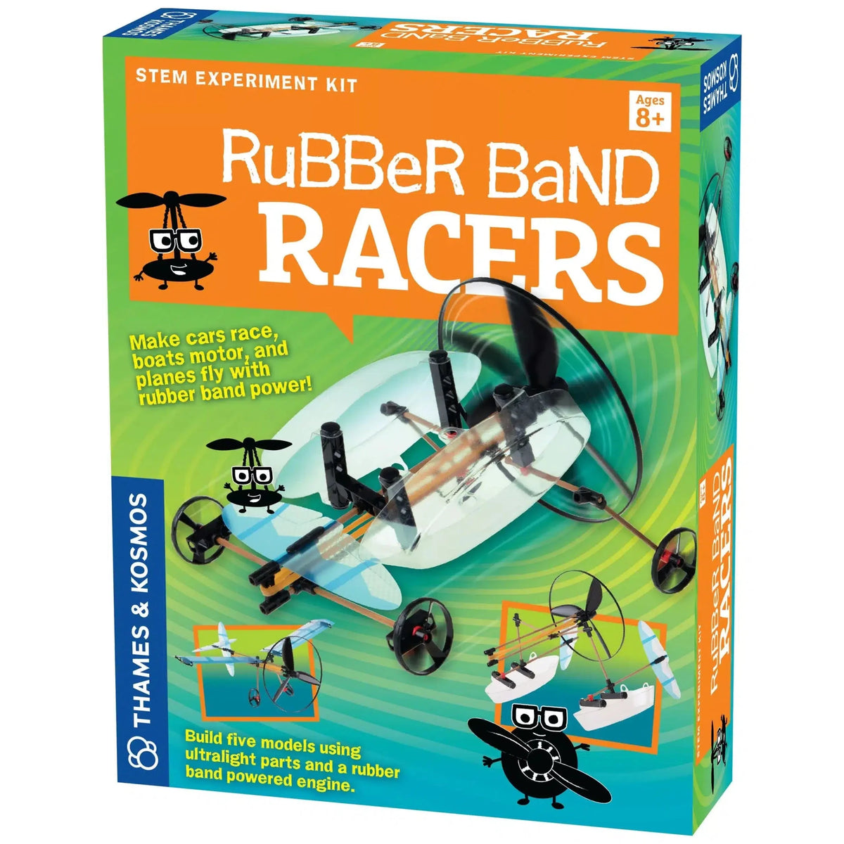Rubber Band Racers STEM experiment kit box with race car and aircraft models