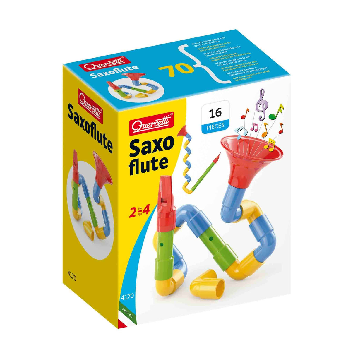 Quercetti DIY music flute set box with colorful plastic pipes, 16 pieces