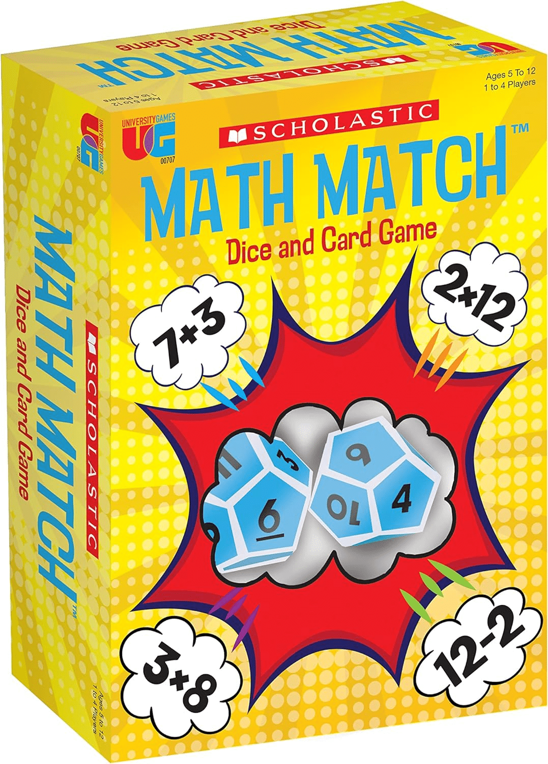 Math Match dice and card game box, colorful numbered cards and dice graphic