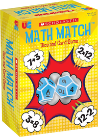 Math Match dice and card game box, colorful numbered cards and dice graphic