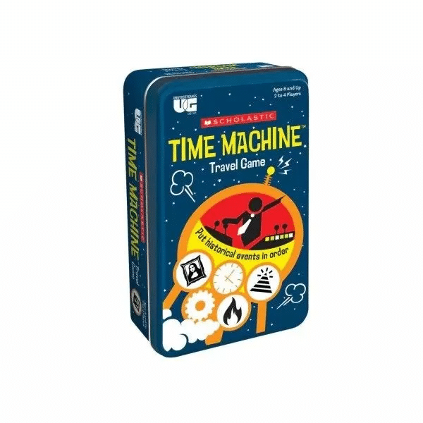 Scholastic Time Machine travel game tin, illustrated blue front with red orbit graphic.