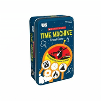 Scholastic Time Machine travel game tin, illustrated blue front with red orbit graphic.