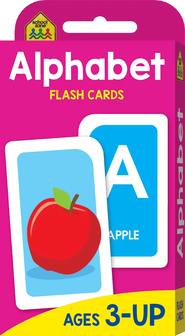 Alphabet flash cards box showing letter A and apple picture