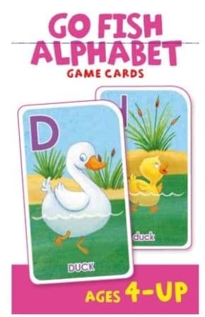 Go Fish alphabet game cards with D duck letter cards, Ages 4+.