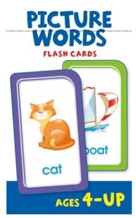 Picture word flash card with cat illustration, purple frame, Ages 4-up