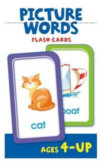 Picture word flash card with cat illustration, purple frame, Ages 4-up
