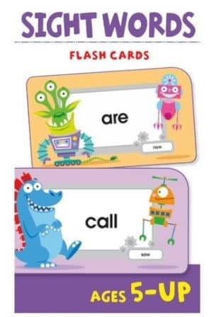 Sight words flash card set with 'are' and 'call' text and cartoon characters, ages 5-up