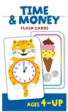Time & Money flash cards box front with clock and cat illustrations, Ages 4+