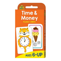 Time & Money flash card set in orange package with cat clock, ice cream, coins