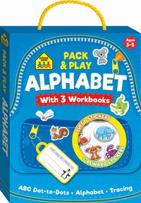 Blue Pack & Play alphabet workbook set box with handle, 3 workbooks and sticker rewards