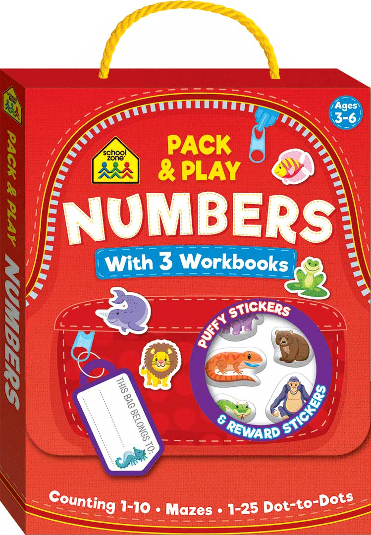 Red Pack & Play Numbers workbook satchel box with handle and sticker designs