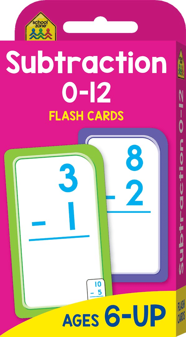Subtraction 0-12 flash cards box with math cards showing 3−1 and 8−2