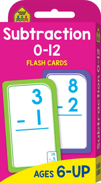 Subtraction 0-12 flash cards box with math cards showing 3−1 and 8−2