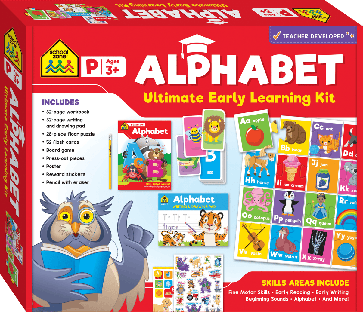 Alphabet learning kit box with owl artwork and colorful letter cards for kids