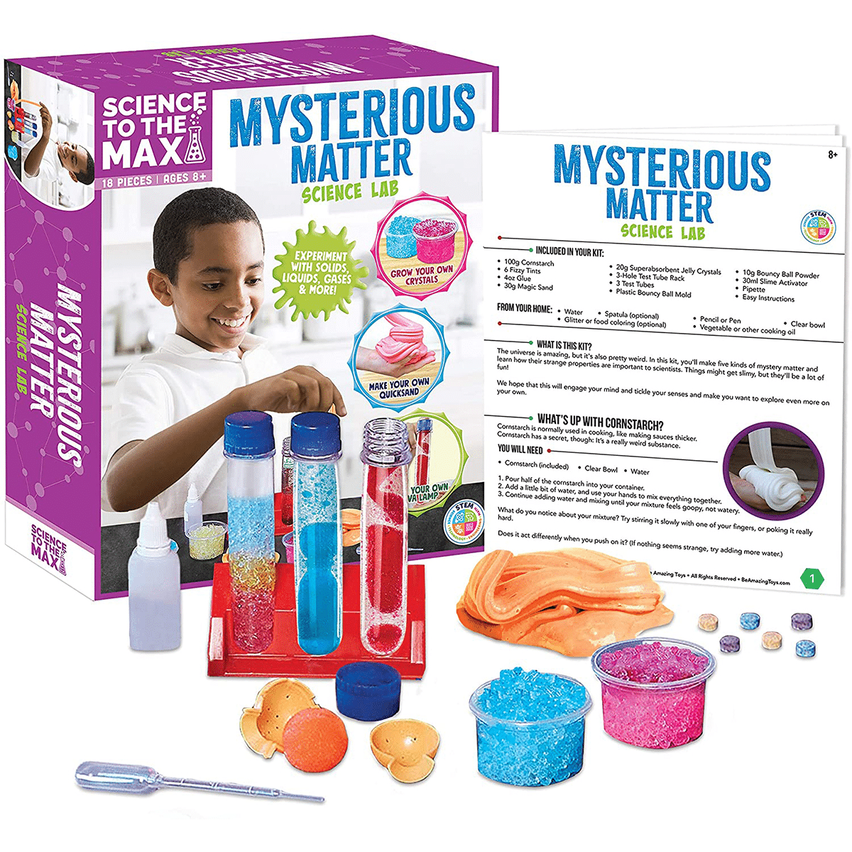Science lab kit box with colorful test tubes, slime containers, and pipette accessories