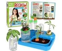 Regrow Lab plant growing kit with blue tray, seed cups, seedlings, and guidebook