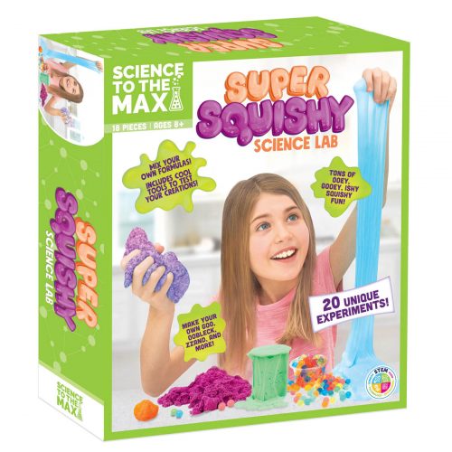 Super squishy science lab kit in green box with purple and blue play slime