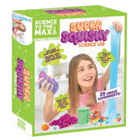 Super squishy science lab kit in green box with purple and blue play slime