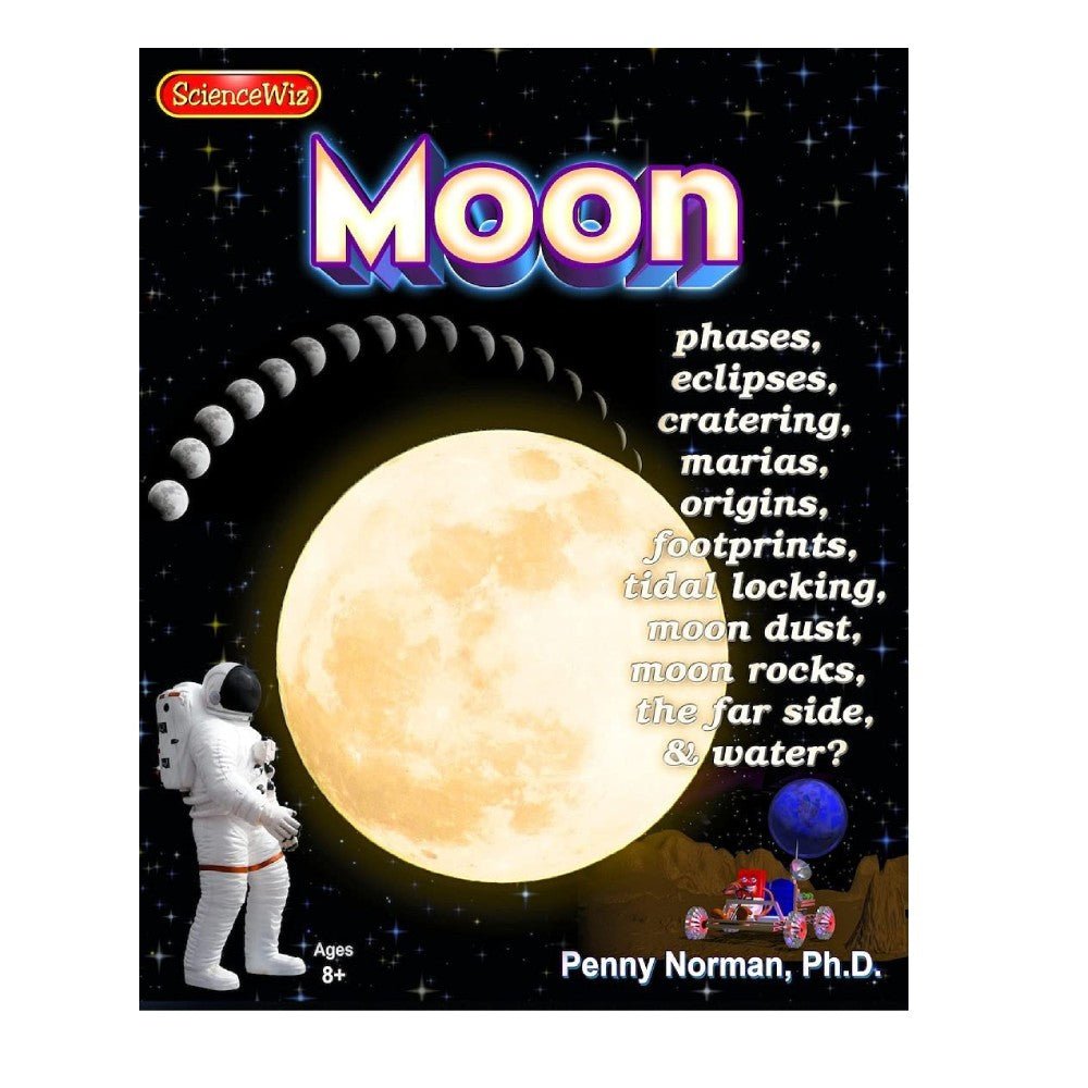Moon science book cover with large 'Moon' title, astronaut figure, and lunar globe