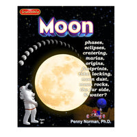 Moon science book cover with large 'Moon' title, astronaut figure, and lunar globe