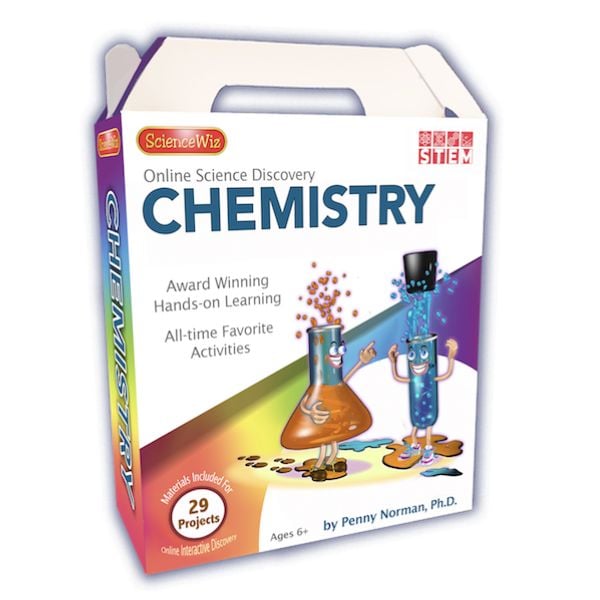 ScienceWiz chemistry kit box, front with CHEMISTRY title and 29 projects