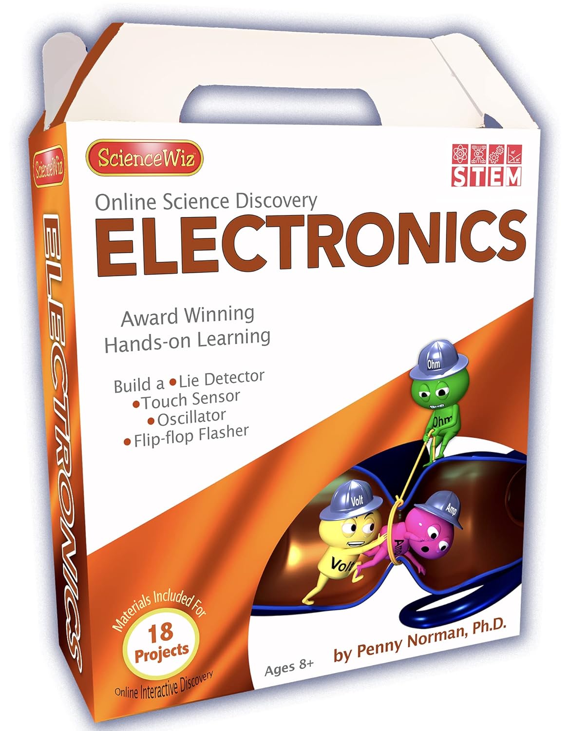 Electronics activity kit box with cartoon character and online learning graphics
