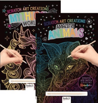 Scratch art animal kit with two illustrated scratch cards and wooden stylus