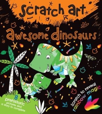 Scratch art mini kit cover with green dinosaur illustrations and rainbow theme