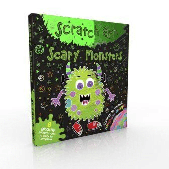 Scratch art mini kit box with spooky monster character design and scratch poster