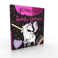 Scratch art mini kit box with unicorn illustration, rainbow mane, and star decorations