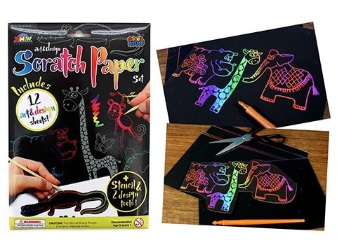 Scratch paper kit with 12 A5 sheets, stencils, and accessories for doodling