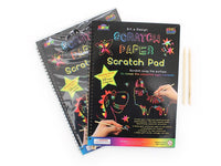 Scratch paper spiral pad with black cover, colorful doodle artwork, and included wooden stylus tools