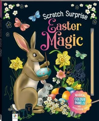 Easter Magic scratch book cover with rabbit, flowers, and butterfly accents