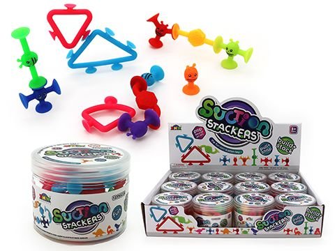 Sensory suction stackers tub set with colorful suction figures and display box