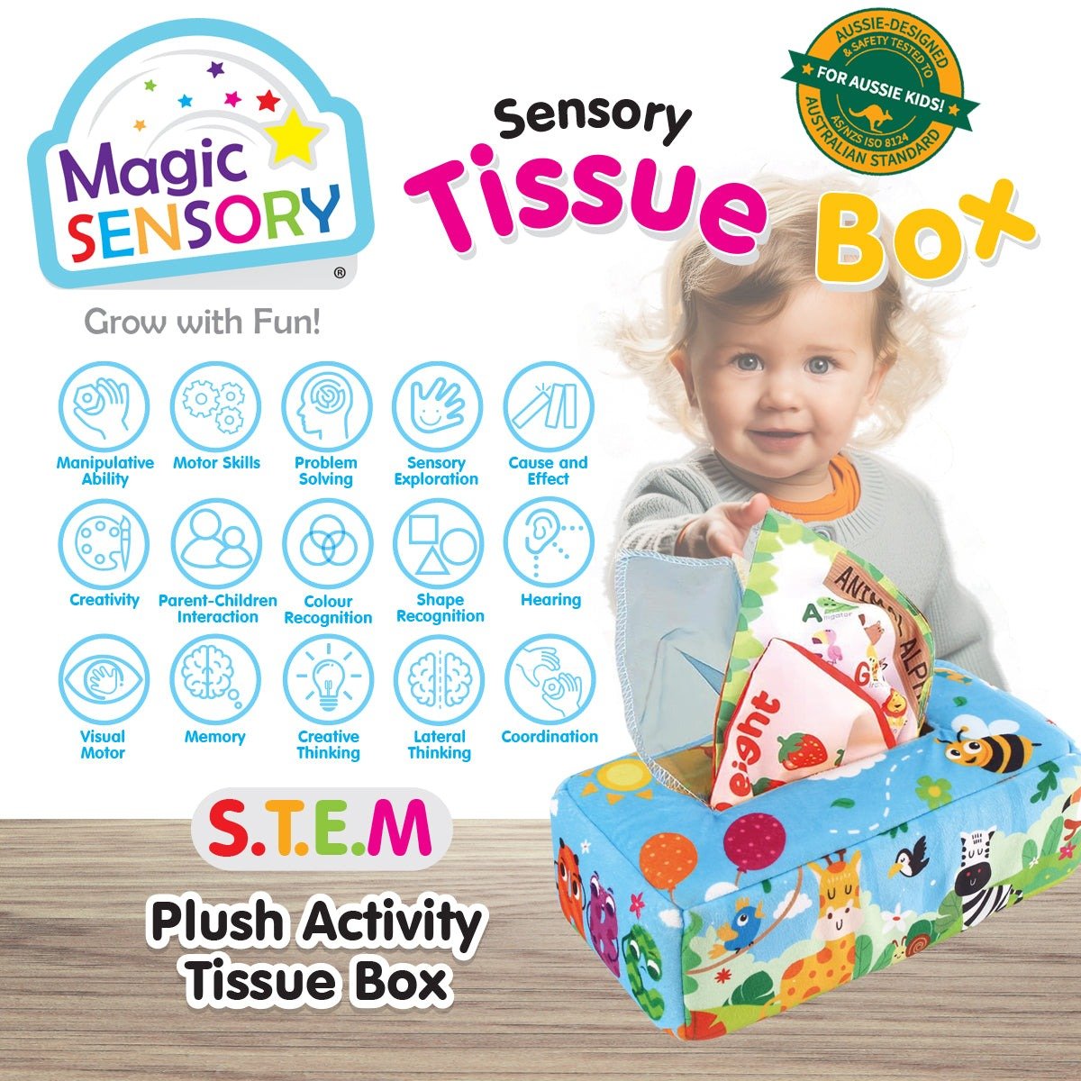 Sensory plush tissue box with animal print and fabric tissue sleeves