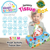 Sensory plush tissue box with animal print and fabric tissue sleeves