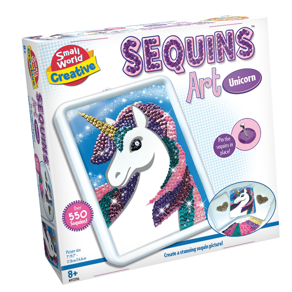 Unicorn sequin art kit in box, featuring a beaded sequin unicorn design