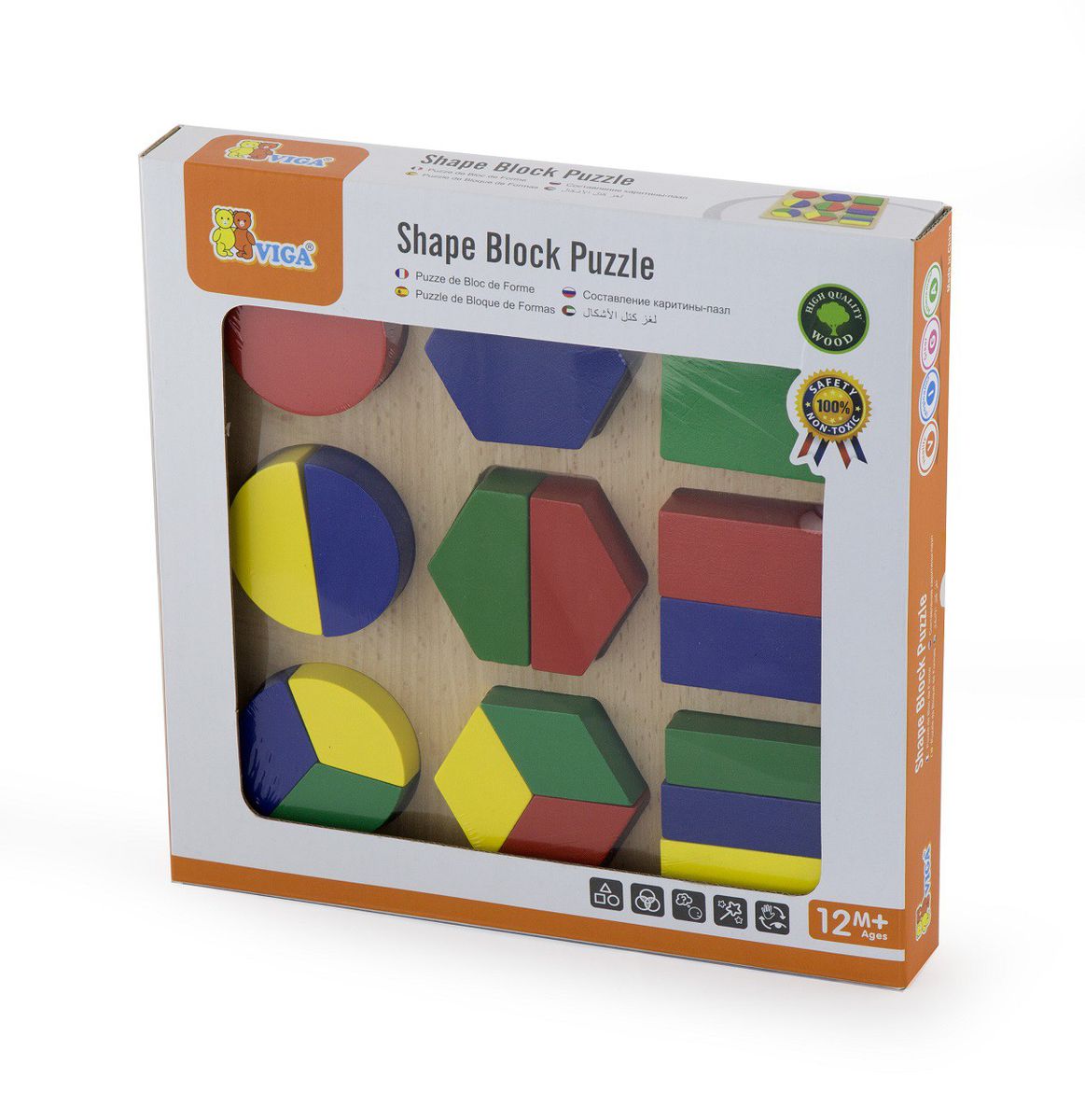 Wooden shape block puzzle set box with window showing multicolor geometric pieces