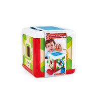 Hape shape sorting box with colorful panels and cutout openings