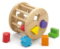 Wooden shape sorting wheel toy with colored blocks and openings