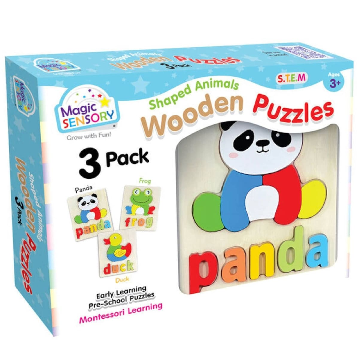 Shaped animals wooden puzzle set, 3-pack box with panda puzzle graphic