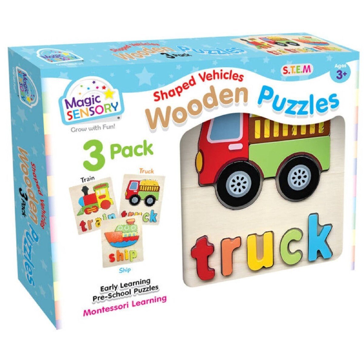 Shaped wooden vehicle puzzle 3-pack with colorful truck pieces in retail box