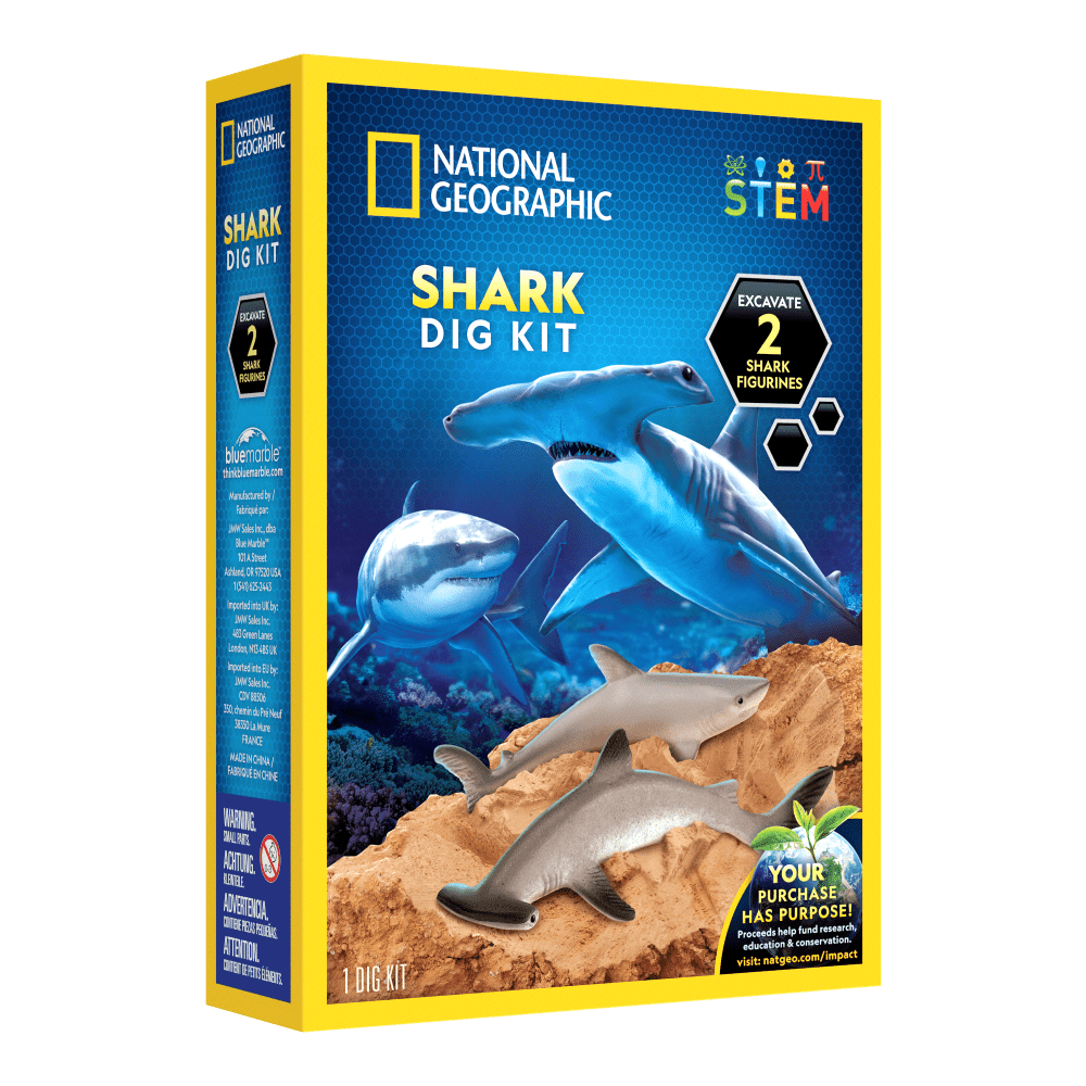 Shark dig kit box with shark theme, National Geographic STEM branding