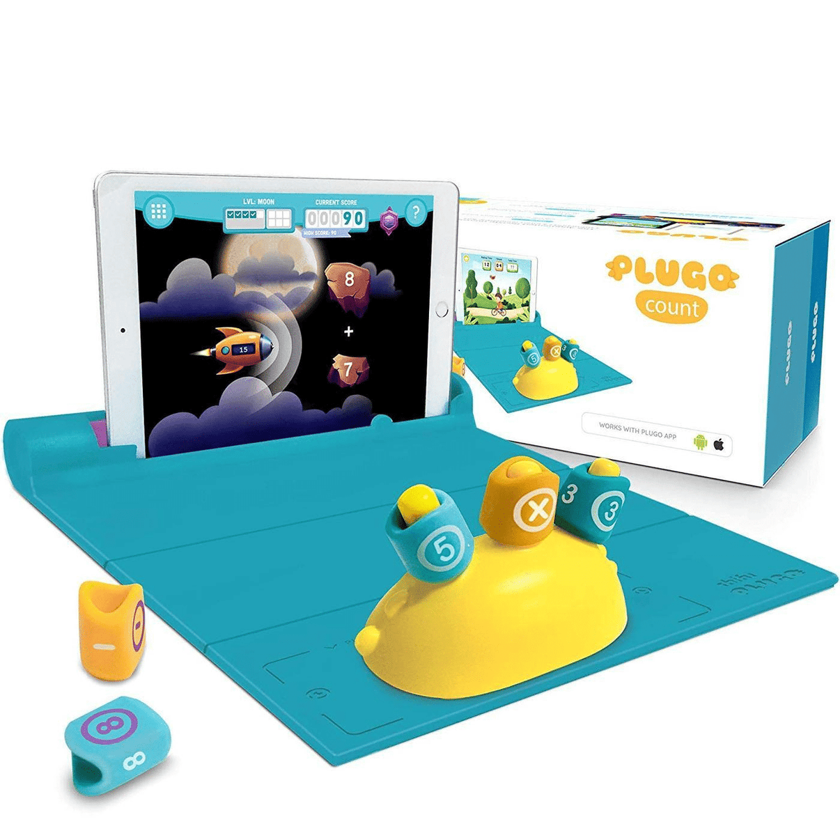 Interactive math game set with tablet, blue play mat, character toy, and number blocks