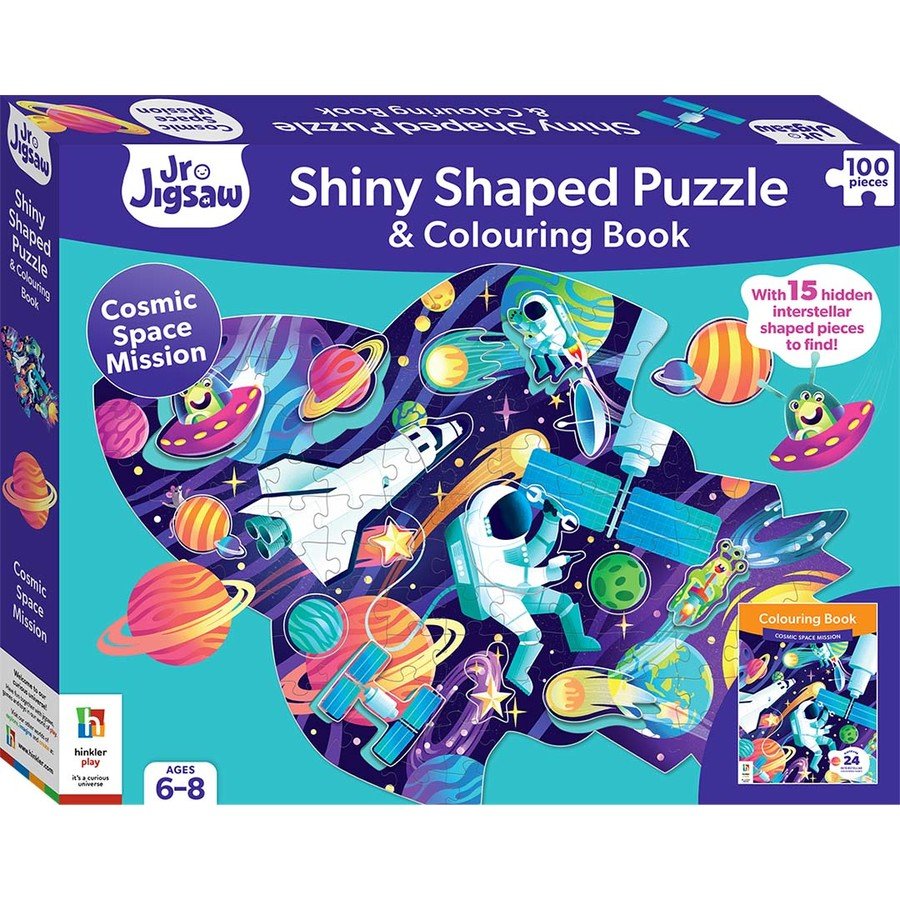 Cosmic space mission shiny shaped puzzle & colouring book, 100 pieces