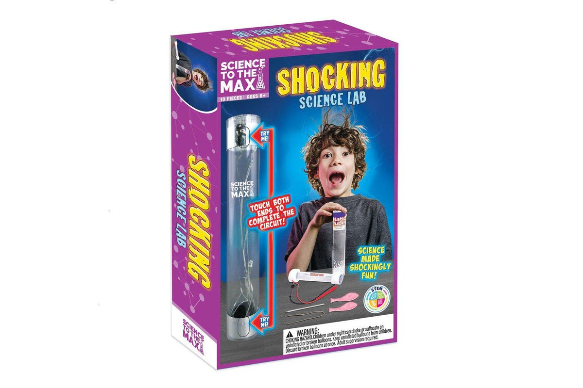 Shocking Science Lab kit box, purple packaging with science cylinder and child